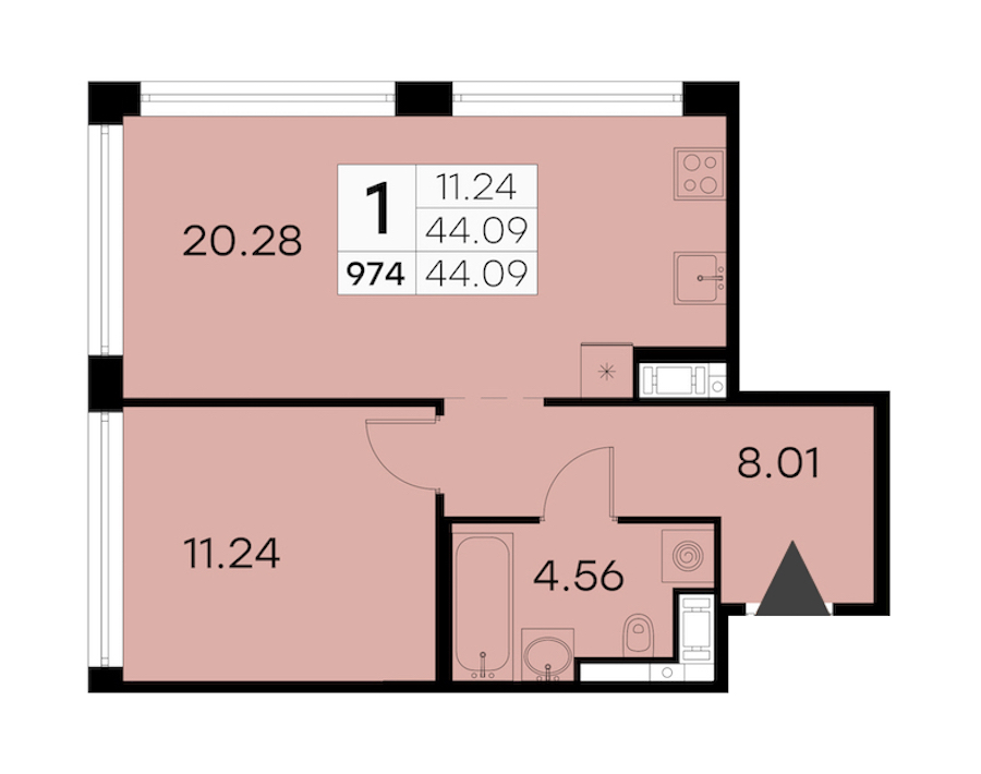 1-комнатная квартира 44.09 м², 16/19 эт., ЖК «GloraX Aura Vasileostrovsky»